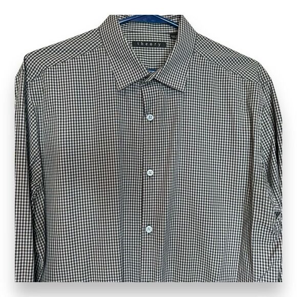 THEORY Mens Button Up Shirt Size L Gingham Check Plaid Long Sleeve Stretch - Picture 4 of 10